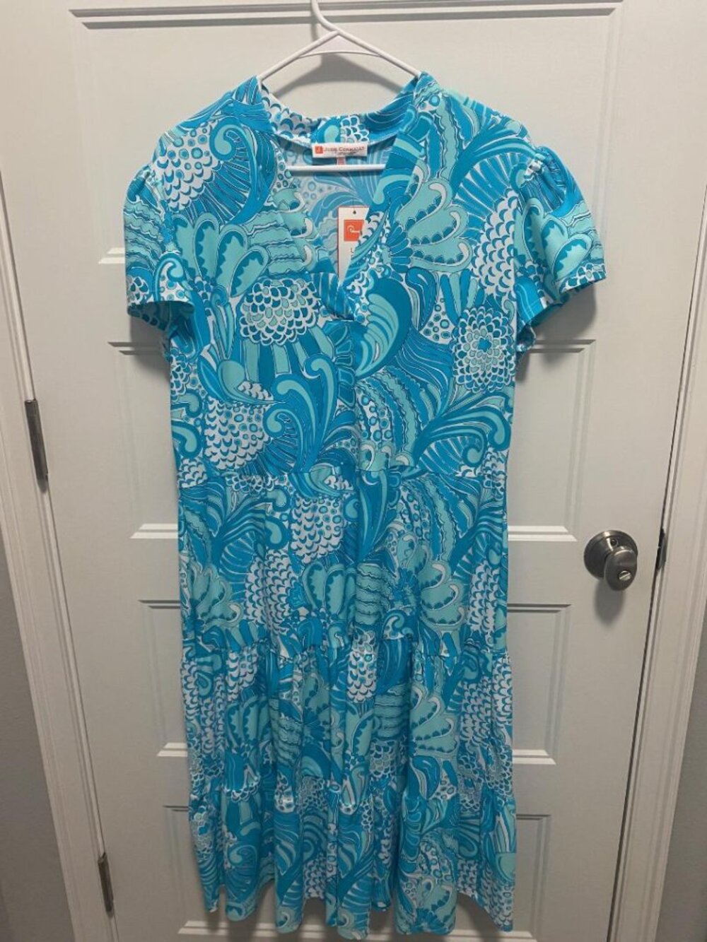 Libby Paradise Ikat Print Jude Cloth Stretch Knit V-Neck Short Puff Sleeve A-Lin